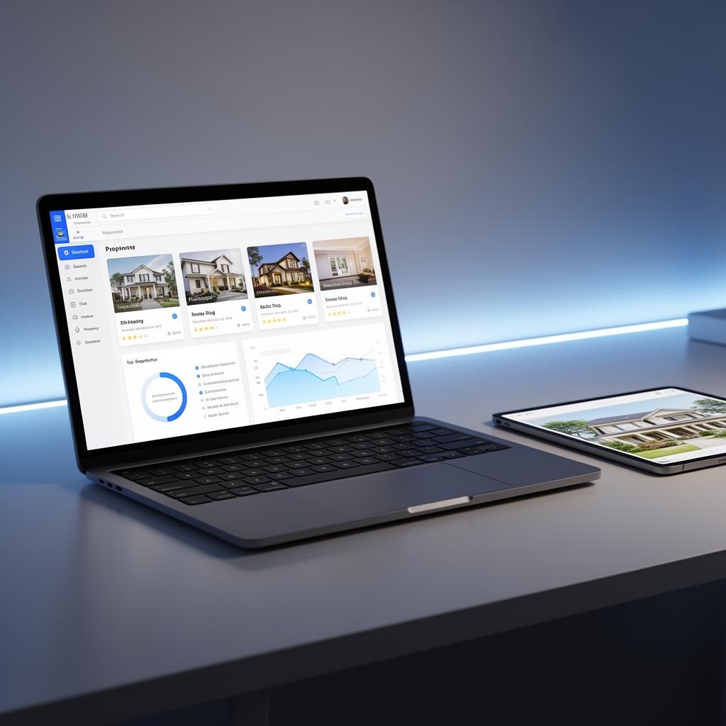 AI-powered analytics dashboard showing real estate marketing metrics alongside property listings on tablet