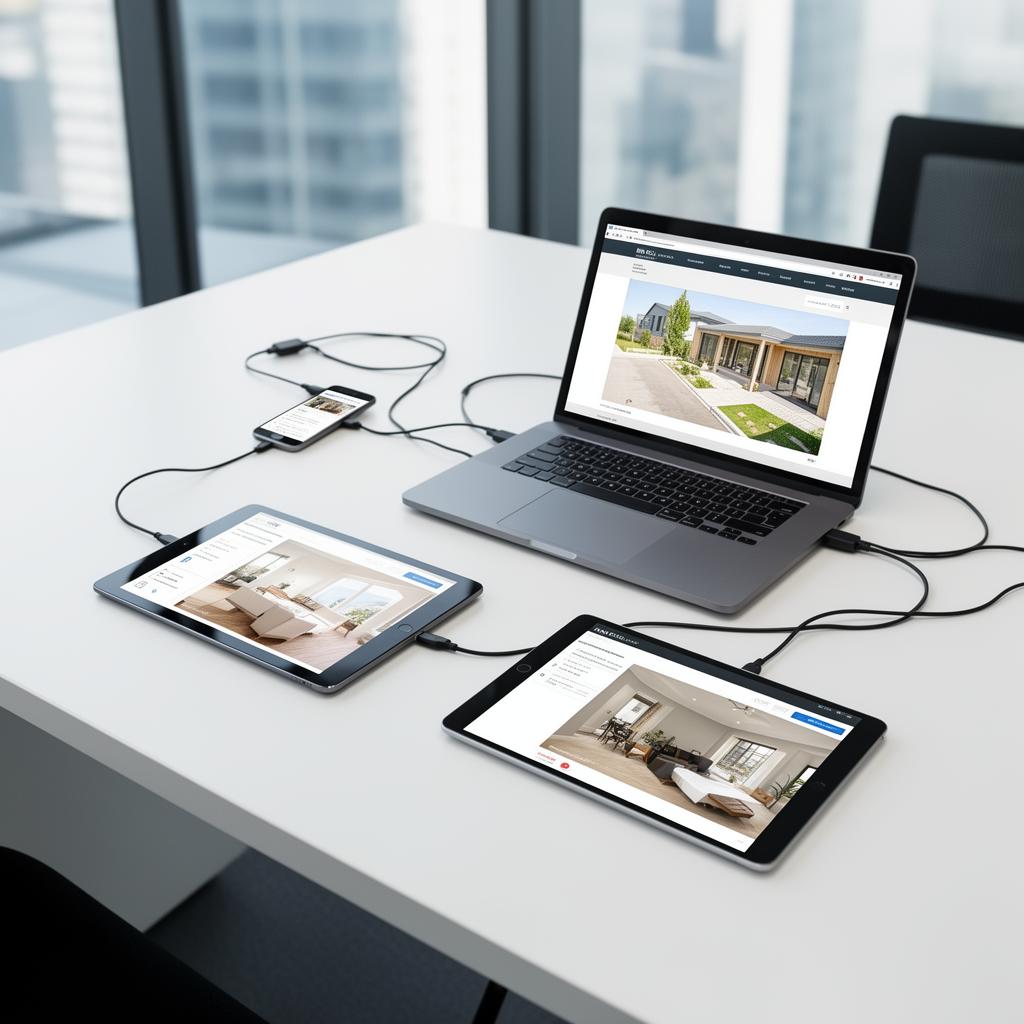 AI technology ecosystem showing interconnected devices including laptop, smartphones, and tablet displaying property content