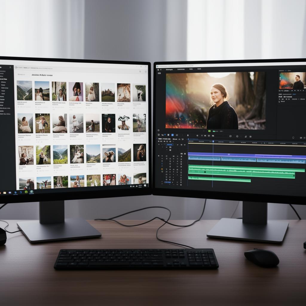 Photo-to-video conversion pipeline showing photos transforming through laptop editing into social media distribution