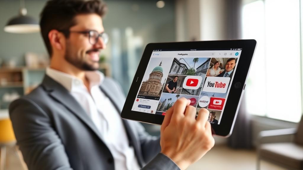 Real estate agent browsing social media content on a tablet in a modern office