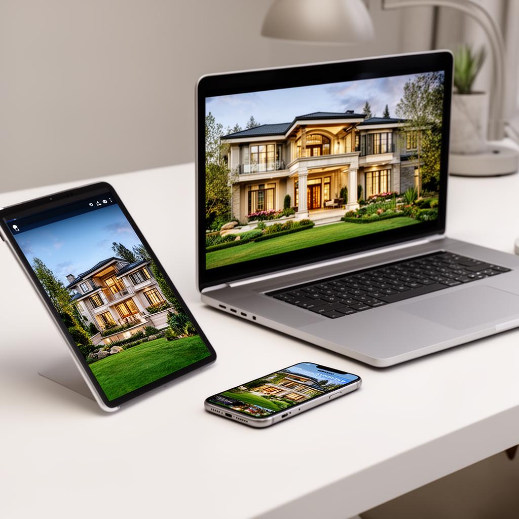 Property listing displayed across desktop monitor, tablet, and smartphone in different video aspect ratios