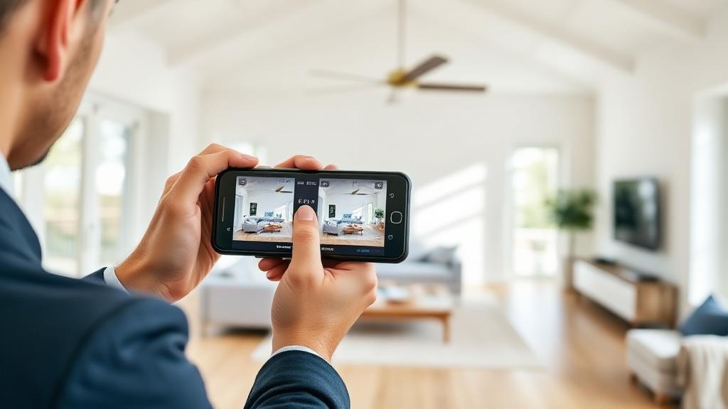 Real estate agent filming a property tour with a smartphone in a modern living room