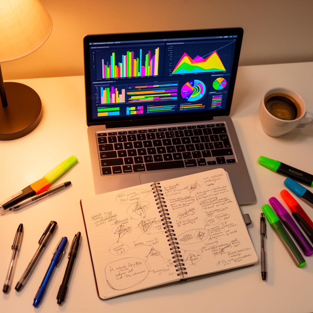 SEO keyword research workspace with laptop showing analytics, notebook with brainstorming notes, and coffee