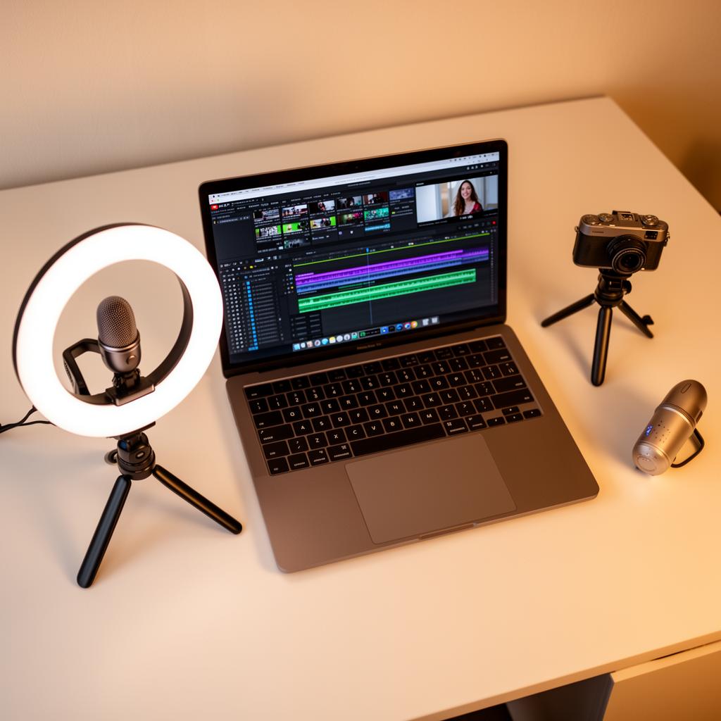 YouTube content creator workspace with monitor showing channel page, ring light, microphone, and camera on tripod