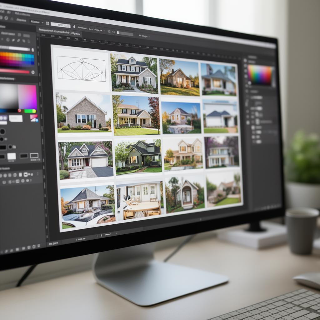Thumbnail design workspace with monitor showing photo editing and tablet displaying grid of completed property thumbnails
